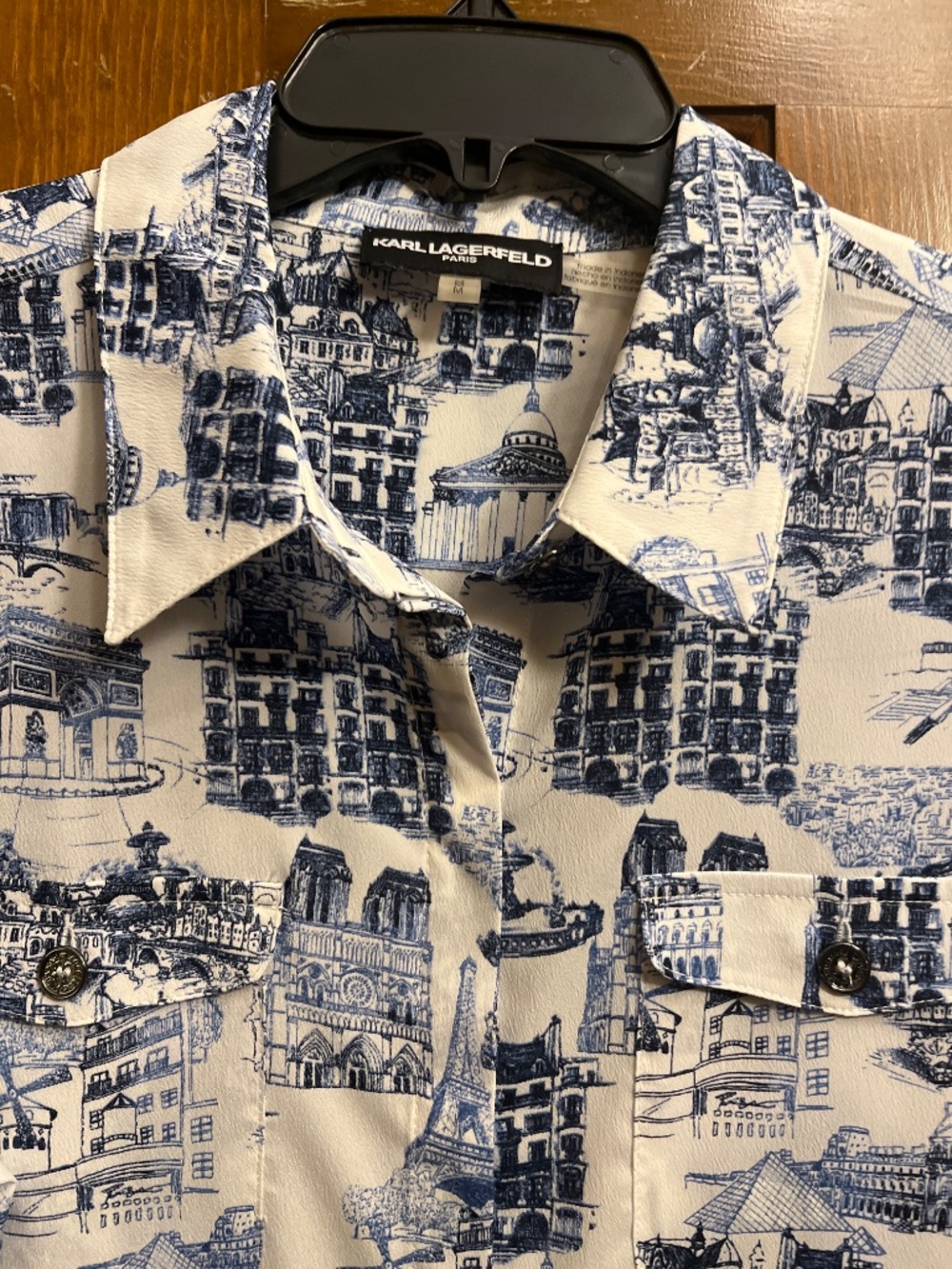 NWOT Karl Lagerfeld Blue/White Parisian City Scape Button Down Shirt. Sz.M. - Picture 2 of 14